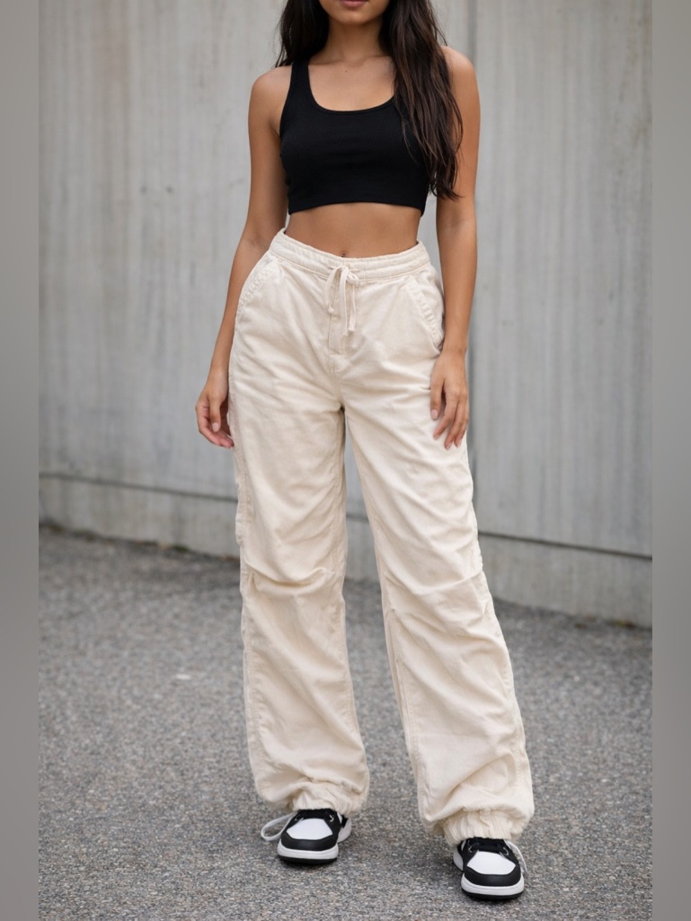 NWT Hollister Adjustable Rise Parachute Baggy Cream Corduroy Pants Women